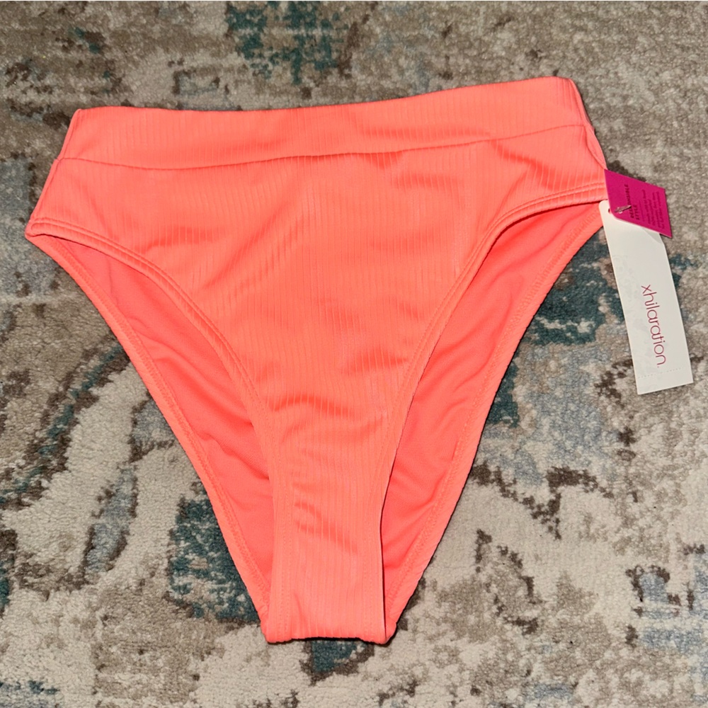 High-Waist Ribbed Bikini Bottoms - Neon Coral
